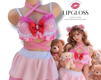Sexy Teddy Care Bear Costume Women | Pink Sequin Bralette Skirt Set | Cute Rave Outfit | Halloween Costume | Kawaii Festival Two Piece