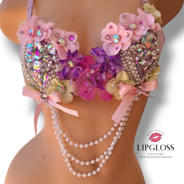 Cute Pink Purple Flower Rhinestone Rave Bra,  Custom Bra Top, Carnival, Dance, EDC top, EDC Bra, Handmade, Fairy, Woman Costume Bra