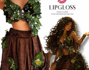 Feeënkostuum moeder natuur, outfit bosgodin, jurk bosfee, sprookjesbos kostuum, natuurnimf cosplay