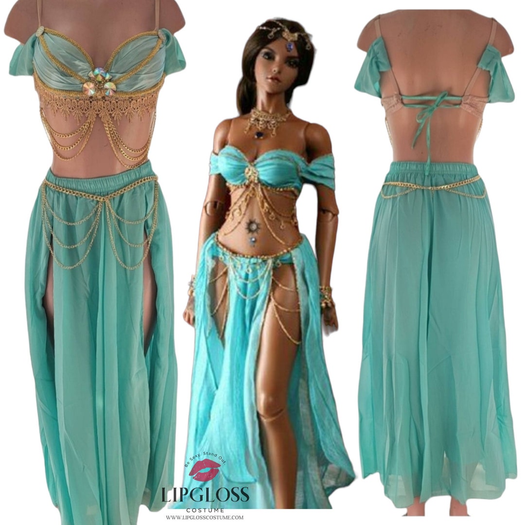 Princess Jasmine Costume India Belly Dance Arabian Dress Party Christmas Halloween Cosplay Outfit Blue