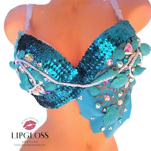 Blue Mermaid Bra, Blue Mermaid Rave Bra, Rave Bra, Mermaid, Blue Seashell Bra, Little Mermaid, Ariel, Blue Mermaid Top