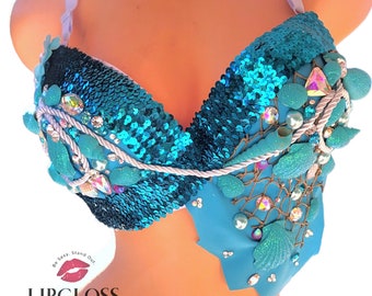 Blue Mermaid Bra, Blue Mermaid Rave Bra, Rave Bra, Mermaid, Blue Seashell Bra, Little Mermaid, Ariel, Blue Mermaid Top