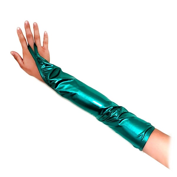 Forest Green Long Shiny Metallic Poison Ivy  Arm Gloves - Dance Costume Accessories, Fingerless Wetlook Stretchy Halloween Party Glove
