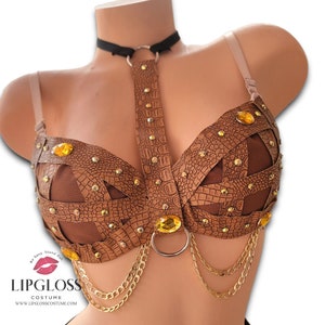 Mad max top, top de hombre en llamas, cocodrilo, sujetador boho rave, sujetador rave personalizado, top steampunk, sujetador de cuero, top de traje adulto imagen 1