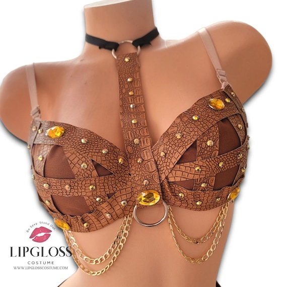 Mad max top, burning man top, Crocodile, bohemian rave bra, custom rave bra, steampunk top, Leather bra, Adult costume top