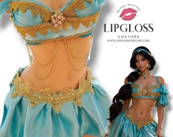 Arabian Princess Costume Women | Teal Gold Festival Set | Genie Bralette Skirt | Halloween Costume | Rave Outfit | Cosplay Set