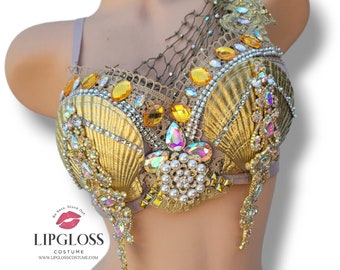 Gold Fishnet Sea Shell Mermaid Bra, Under the Sea, Custom Bra Top, Rhinestone Diamond , High Quality Woman Performance Dance Costume