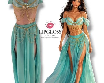 May include: A two-piece turquoise costume featuring a sheer off-the-shoulder crop top with gold lace trim, central jewel embellishments, and draped gold chains. The matching floor-length skirt has dual high slits and gold chain accents.