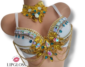 White Gold Egyptian Bra, Athena, Goddess, Greek Top, Custom Bra with choker