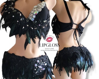 Sexy Black Angel Costume, Sexy Black Indian, Maleficient, Black Bohemian Rave Outfit, Feather Angel