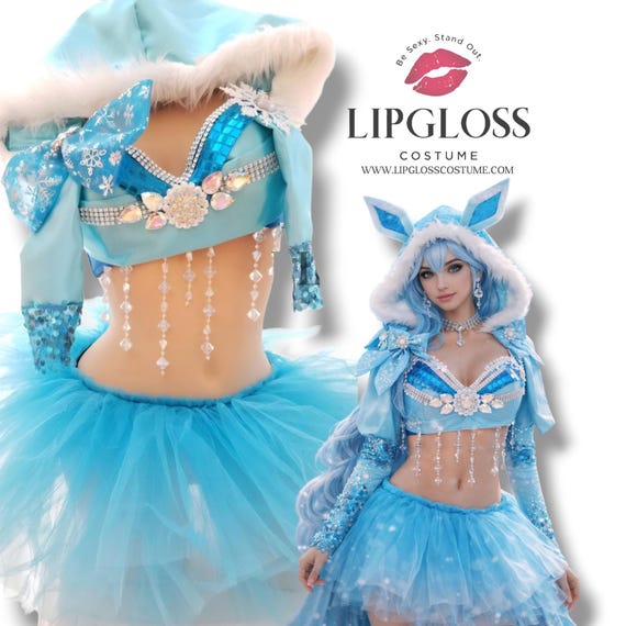 Ice Glace PokeWoman Costume Women | Blue Sequin Comic Anime Tutu Set | Crystal Fur Hood Cape Rave Outfit | Halloween Cosplay Festival