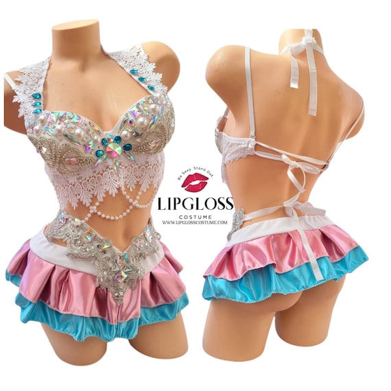 Ready to Ship Pink Blue Rhinestone Rave Outfit, Rave Clothing