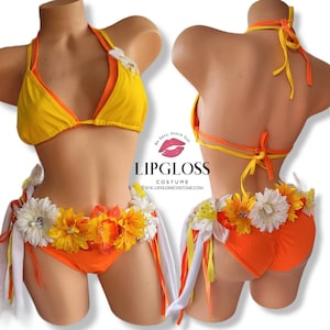 Sexy Neon Electric Daisy Fairy, Orange Yellow Rave Outfit, Rhinestone Dance Clothes, Women's Themewear, Cute Rave Outfits