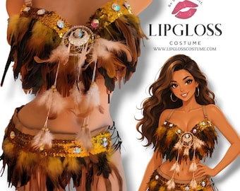 May include: A two-piece costume with a bra and skirt, adorned with feathers, sequins, and beads. The bra features a central dreamcatcher design. The costume is in shades of brown, gold, and white. The text "LIPGLOSS COSTUME" is visible.