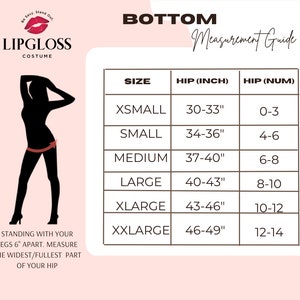May include: Size chart for bottoms with measurements in inches and numbers. The chart shows the hip size in inches and the corresponding hip size in numbers. The chart is labeled "Bottom Measurement Guide".