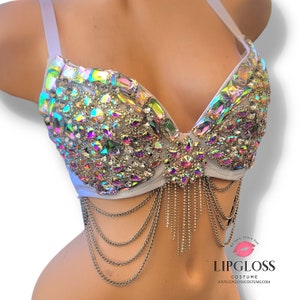 White AB Crystal Rhinestone Bedazzle Bling Gem Bra Top, Chain 3D Stone, Handmade Custom Top for Bachlorette, Raves, Festival, Stage Wear