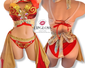 Sexy Red Gold Dragon Rave Costume, Mushu Dragon Mulan, Women&#39;s Halloween Costume, Dance Costume, Rave Outfit, Animal Theme, Festival Outfit