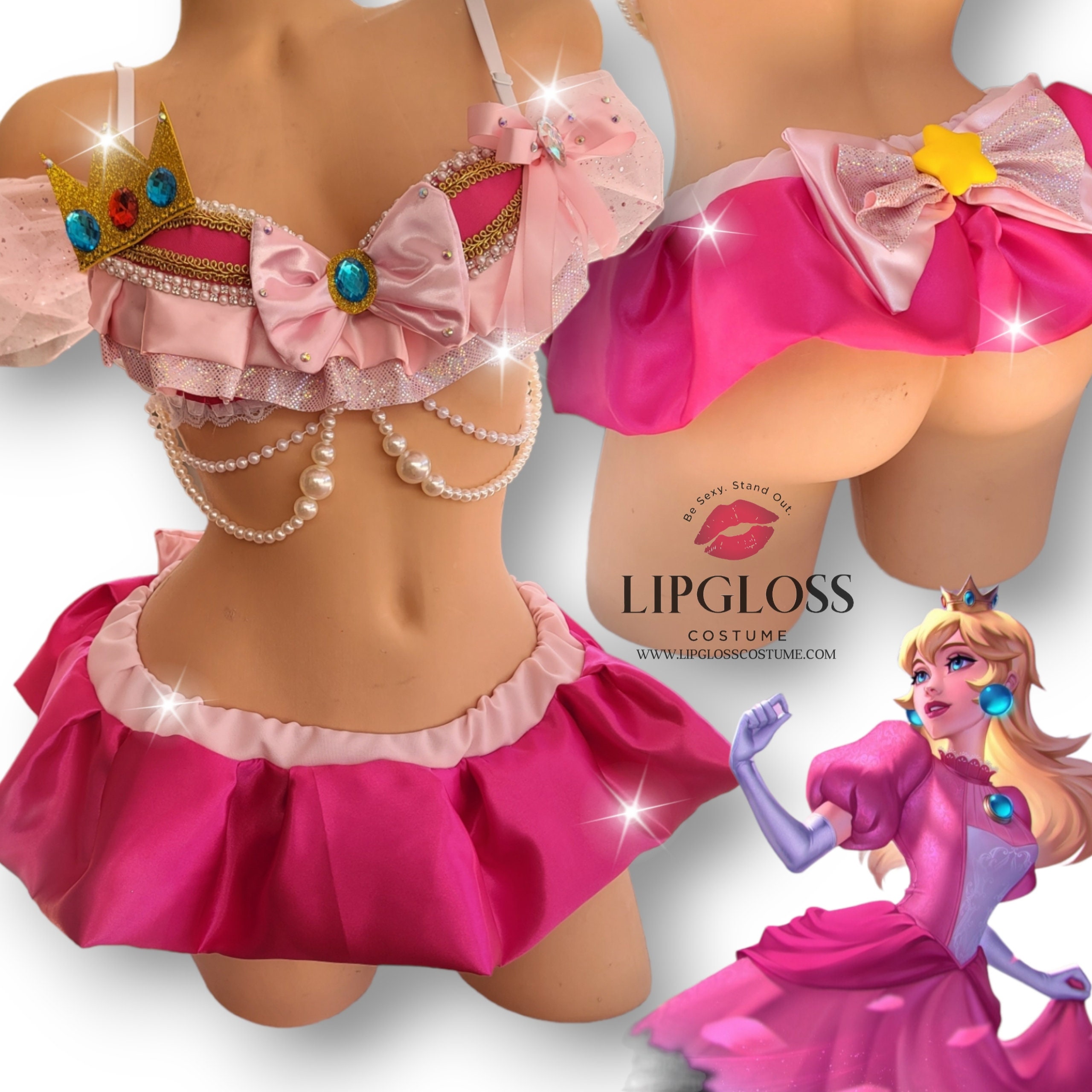 Women's Girl Peach Bodysuit Pink Princess Sexy Lingerie Set with Choker  Stocking