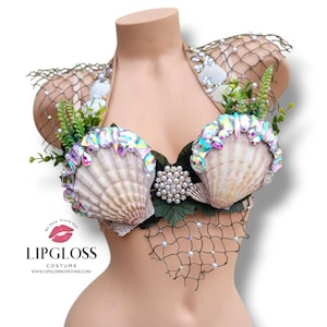 Sujetador de sirena con conchas marinas y color crema blanco, Madre naturaleza, bajo el mar, sujetador de rejilla, diamantes de imitación, disfraz para sesión de fotos