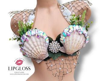 White Cream Earth Sea Shell Mermaid Bra, Mother Nature,Under the Sea, Fishnet Bra Top, Rhinestone Diamond, Photoshoot Costume