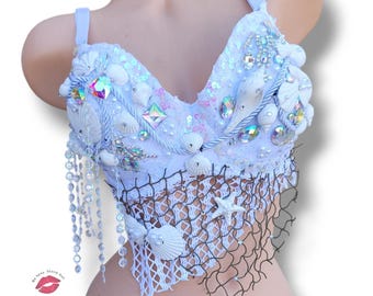 White Mermaid Top, White Mermaid, Mermaid Rave Bra, Mermaid, White Mermaid Bra, Sexy Rave Bra, Sexy Top, Mermaid Top, Custom Bra