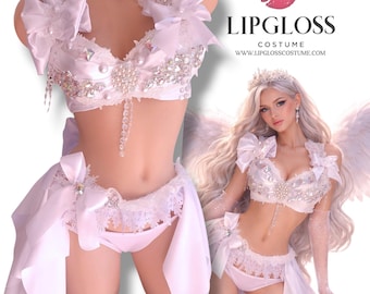 White Snow Angel Costume Women Rave Bra Set Halloween Costume Fairy Outfit Crystal Pearl Festival Costume Celestial