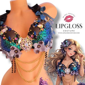Black irridescent Mermaid Bra Top, Gothic Rave Outfit, Dark Seashell Festival Top, Sequin Fantasy Costume, Edgy Halloween Party Look