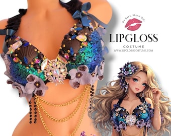 Black irridescent Mermaid Bra Top, Gothic Rave Outfit, Dark Seashell Festival Top, Sequin Fantasy Costume, Edgy Halloween Party Look