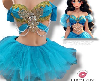 May include: A turquoise blue tulle skirt and a blue and gold embellished bra top with pearl accents. The costume is inspired by the Disney character Jasmine.
