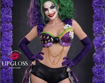 Joker speelkaart kostuumset met lovertjes | Paarse Jester Rave-outfit | Halloween-kostuum dames 3-delig festival