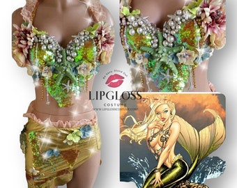 Traje de sirena de oro, traje de mujer, traje de sirena sexy, traje de sirena personalizado, criatura marina, bajo el mar, concha marina
