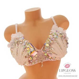 Rhinestone Shell, White Mermaid Bra, Rave Bra, Under the Sea, Mermaid Top, Handmade Shell bra