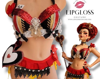 Queen of Hearts Rave Costume Set | Red Sequin Bra Ruffle Skirt | Card Queen Halloween Outfit Women | Wonderland Rave Two Piece