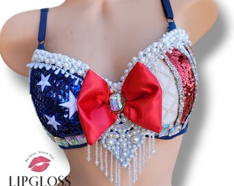 USA Rave Bra Top, Patriotic Festival Outfit, Red White Blue Sequin EDM Top, 4th of July Costume,  Burlesque Dance Bra, Captain America