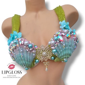 Green Pink Blue Ombre Pastel Sea shell Mermaid Bra, Under the Sea, Custom Bra Top, Rhinestone Diamond, Woman Performance Costume