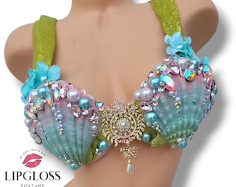 Green Pink Blue Ombre Pastel Sea shell Mermaid Bra, Under the Sea, Custom Bra Top, Rhinestone Diamond, Woman Performance Costume
