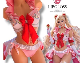 Magical Girl Cosplay Costume, Anime Rave Outfit, Kawaii Festival Costume, Pink Rhinestone Bow Bra Set, Sailor Anime Halloween Costume
