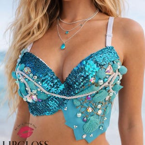 Aqua Mermaid Rave BH, Ozeanblau Festival Top, Muschel Strass BH, Meerjungfrau Top, EDC Rave Outfit, Unter dem Meer Halloweenkostüm Bild 1