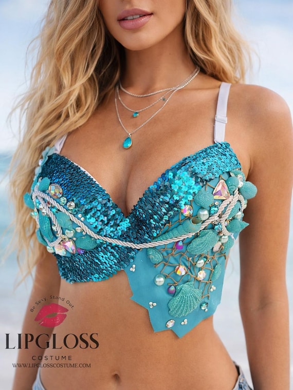 Aqua Mermaid Rave Bra, Ocean Blue Festival Top, Seashell Rhinestone Bra, Mermaid Top, EDC Rave Outfit, Under the Sea Halloween Costume