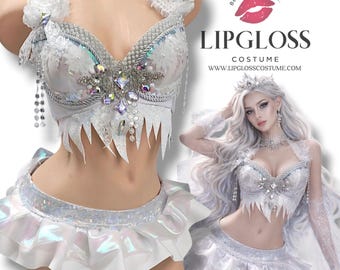 Disfraz de Reina de Hielo para mujer, conjunto de sujetador y falda para festival, atuendo de princesa de invierno para Halloween, disfraz de hada, minifalda
