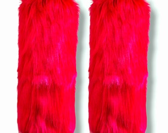 Red Furry Boot Covers Rave Fluffies Fuzzy Leg Warmers Go Go Dance Cosplay Accessories