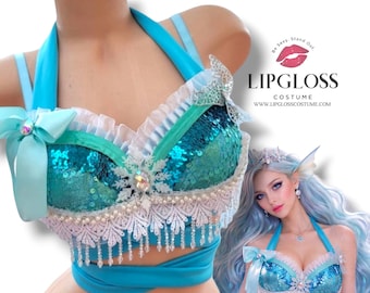 Reggiseno da rave Frozen Elsa Sirena, Costume da donna con paillettes a fiocco di neve, Principessa dell'Oceano, Abito di Halloween, Costume da fata, Abbigliamento da rave