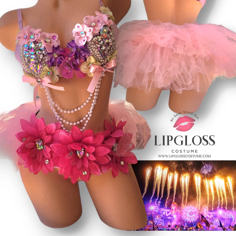 EDC Outfit Pink Fairy Rhinestone Gem Rave Bra & Bottom, Theme Wear, Dance Rave Costume, Festival Outfit, Halloween Costume image 1