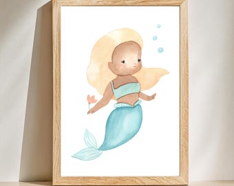 Watercolor Mermaid Nursery Art: Ocean Girl's Room Decor (Digital Download)