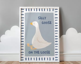 Silly Goose Nursery Print: Blue Farm Animal Art (Digital Download)