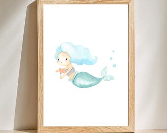 Watercolor Mermaid Print: Ocean Nursery Decor (Digital Download)