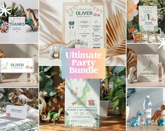 Pode incluir: Um pacote de imprimíveis para festas com tema de dinossauros em um esquema de cores verde e branco. O pacote inclui uma placa de boas-vindas, uma placa personalizada, um cartão de agradecimento, um convite de aniversário, uma placa de ponche de frutas e uma placa de 'um ano'. As placas apresentam uma linda ilustração de dinossauro e o nome Oliver.