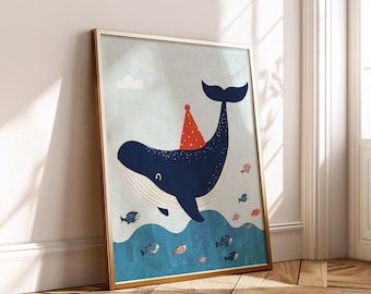 Whale Party Hat Print: Ocean Nursery Art (Digital Download)
