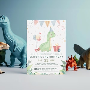 Bearbeitbare Dinosaurier-Einladung zum 3. Geburtstag für Jungen-süße Dino-Party laden Canva-Vorlage ein zum 3 Jahre alten digitalen Download - PNG