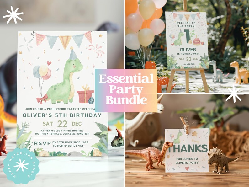 Dinosaur Birthday Party Bundle: Editable Invitation, Sign, Tag (digital ...